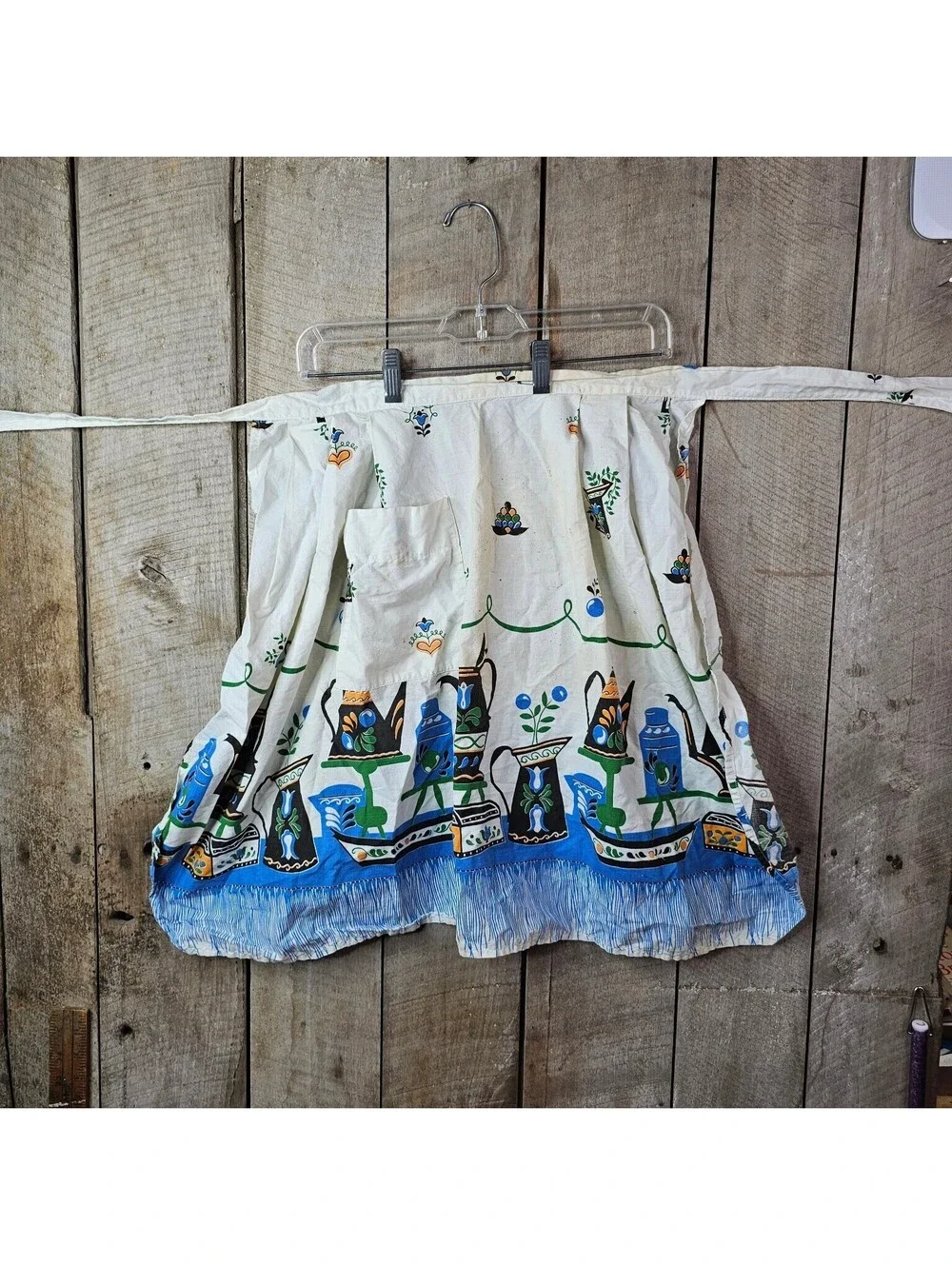Vintage Half Apron White Kitchen Pot Coffee Tea Kettle Print Retro Tie Waist